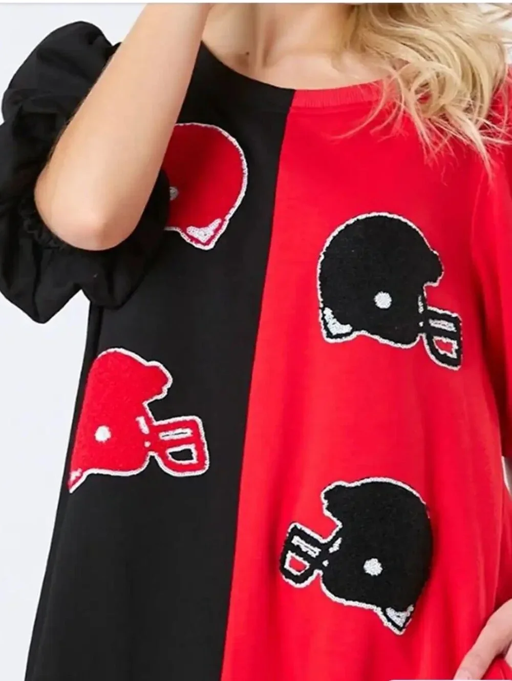 Peach Love Colorblock Red Black Puff Short Sleeve Football Helmet Mini Dress - Picture 4 of 11